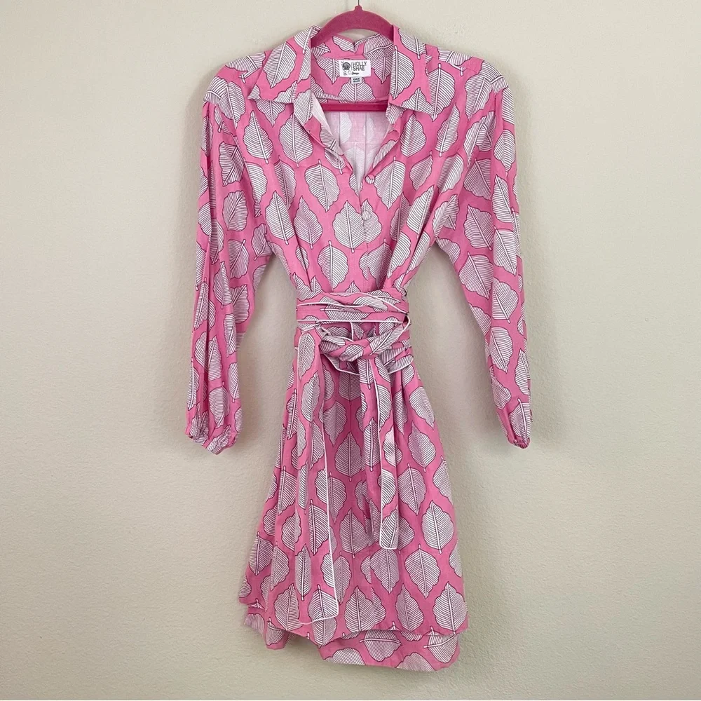 Holly Shae Pink Leaf Print Hand Block Cotton Shift Dress  One Size - Picture 2 of 8